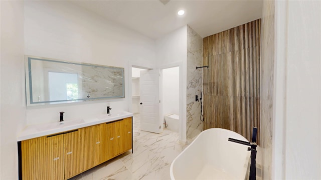 3418 Borger St, Dallas, TX 75212 - full bathroom with a freestanding bath, double vanity, marble finish floors, a shower, and recessed lighting