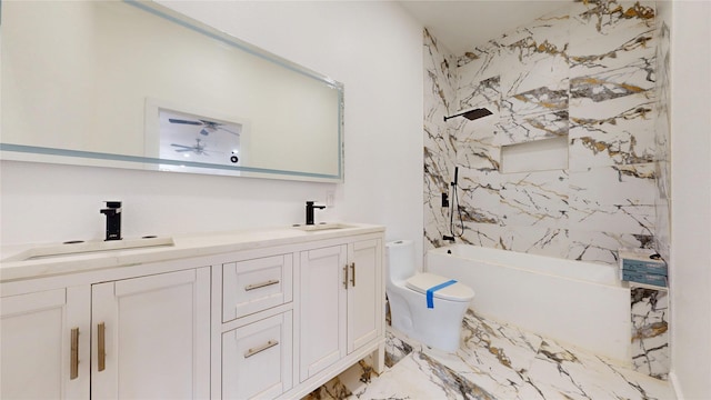 3418 Borger St, Dallas, TX 75212 - bathroom featuring double vanity, marble finish flooring, tub / shower combination, and a ceiling fan