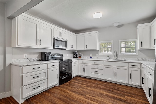 25 W Parnell St, Denison, TX 75020 - kitchen featuring stainless steel microwave, electric range, dark wood-style floors, and white cabinetry