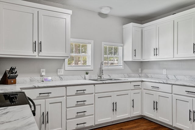 25 W Parnell St, Denison, TX 75020 - kitchen featuring white cabinets, range with electric stovetop, light stone counters, and dark wood finished floors