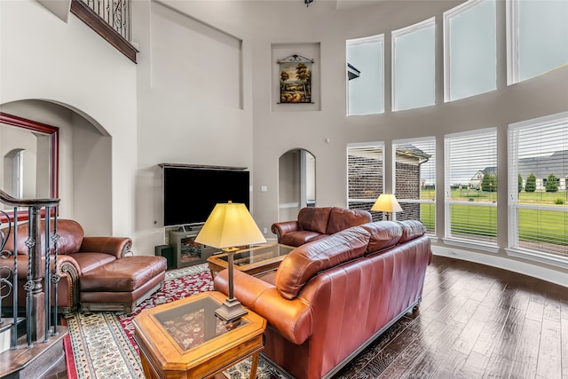 6309 Holbrook Cir, Parker, TX 75002 - living area featuring healthy amount of natural light, a towering ceiling, and dark wood-style floors