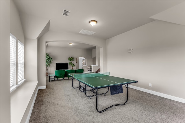 6309 Holbrook Cir, Parker, TX 75002 - rec room featuring arched walkways, carpet, and vaulted ceiling