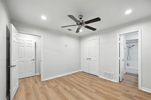 7407 Authon Dr, Dallas, TX 75248 - unfurnished bedroom with light wood-style flooring, recessed lighting, a closet, ensuite bath, and ceiling fan