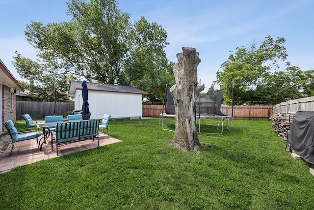 1502 Bette Dr, Mesquite, TX 75149 - fenced backyard with a trampoline, a patio area, an outdoor structure, and outdoor lounge area