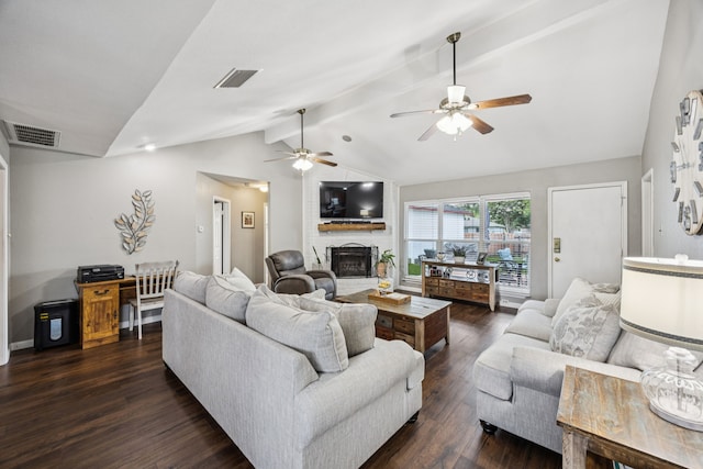 1502 Bette Dr, Mesquite, TX 75149 - living area with a brick fireplace, ceiling fan, and dark wood-type flooring