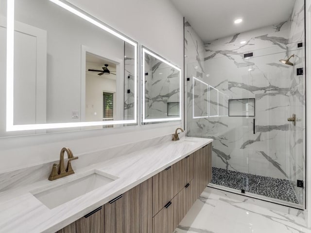 1521 N Haskell Ave, Dallas, TX 75204 - full bath featuring a marble finish shower, double vanity, marble finish flooring, recessed lighting, and ceiling fan