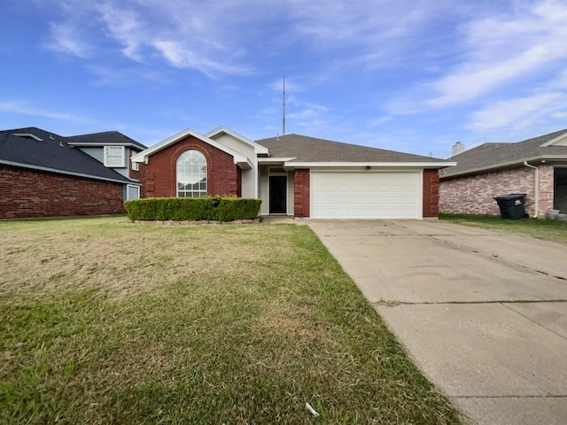 6020 Maple Leaf Dr, Arlington, TX 76017 - ranch-style house with brick siding, a garage, concrete driveway, and a front lawn