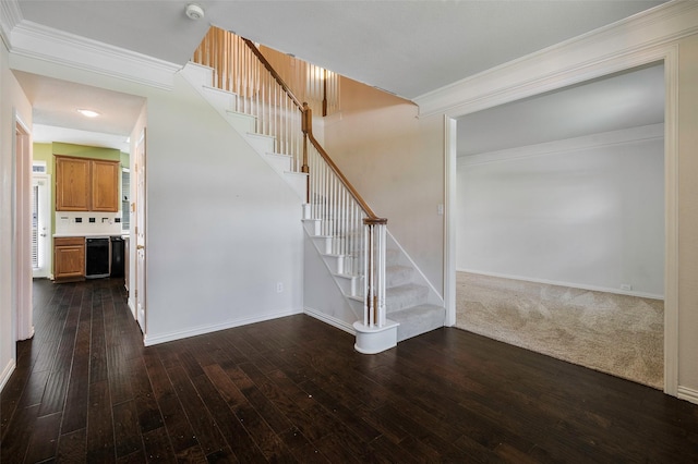 1041 Woodbriar Dr, Grapevine, TX 76051 - stairs with crown molding and hardwood / wood-style flooring