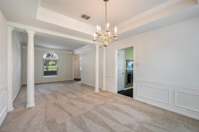1041 Woodbriar Dr, Grapevine, TX 76051 - carpeted spare room with a chandelier, a tray ceiling, ornamental molding, a decorative wall, and wainscoting
