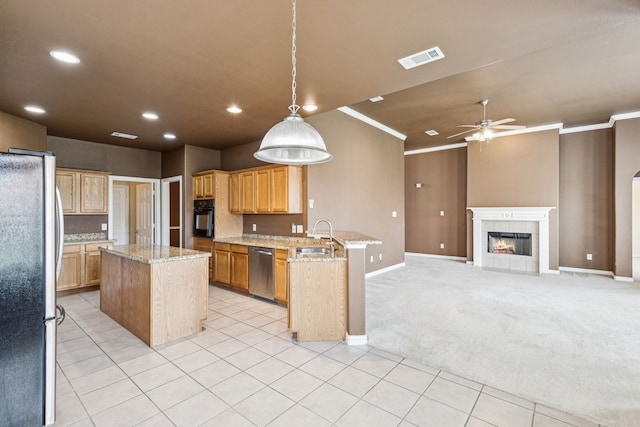6602 Orange Blossom Dr, Midlothian, TX 76065 - kitchen featuring stainless steel appliances, a peninsula, a ceiling fan, crown molding, and recessed lighting