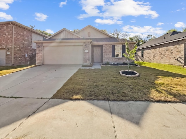1409 Rivers Creek Ln, Little Elm, TX 75068 - ranch-style house with brick siding, an attached garage, concrete driveway, and a front yard