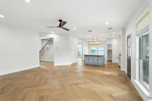 2705 Jackson Dr, Melissa, TX 75454 - unfurnished living room with stairway, ceiling fan, and recessed lighting