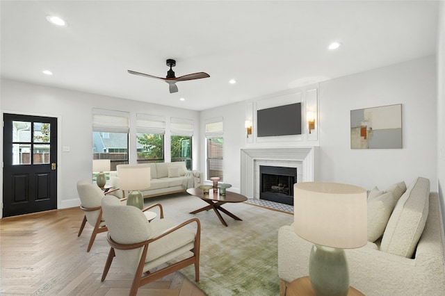 2705 Jackson Dr, Melissa, TX 75454 - living room with ceiling fan, a fireplace with flush hearth, and recessed lighting
