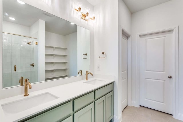 304 Ridge Dr, Justin, TX 76247 - full bathroom featuring a shower stall, double vanity, tile patterned flooring, and recessed lighting