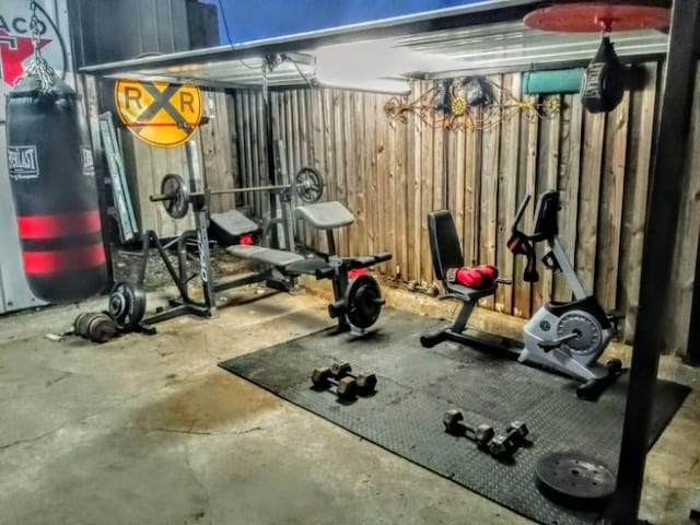 2293 Heatherdale Dr, Mesquite, TX 75150 - workout room featuring wooden walls