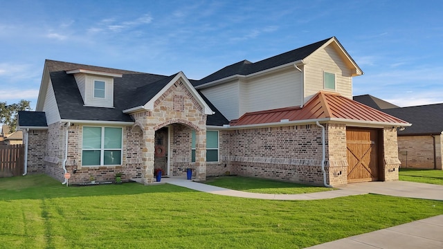 940 E 5th St, Springtown, TX 76082 - view of front of property featuring concrete driveway, a garage, brick siding, stone siding, and a standing seam roof