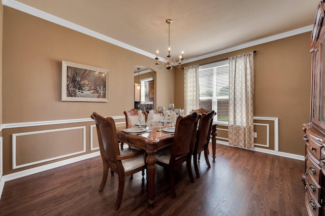 701 Champlain Ct, Midlothian, TX 76065 - dining area featuring a chandelier, arched walkways, ornamental molding, dark wood-style flooring, and wainscoting