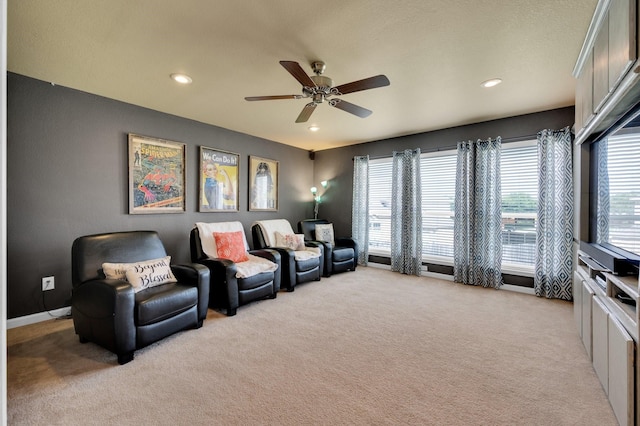 701 Champlain Ct, Midlothian, TX 76065 - living room featuring light carpet, ceiling fan, and recessed lighting