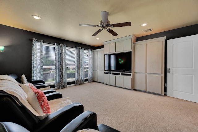 701 Champlain Ct, Midlothian, TX 76065 - living room with light carpet, a ceiling fan, and recessed lighting