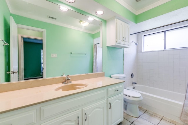 1308 Choctaw Dr, Mesquite, TX 75149 - bathroom featuring crown molding, vanity, tile patterned floors, washtub / shower combination, and recessed lighting