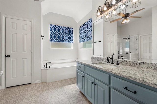 6417 Gehrig Cir, Burleson, TX 76028 - bathroom with a ceiling fan, vanity, a stall shower, a garden tub, and healthy amount of natural light