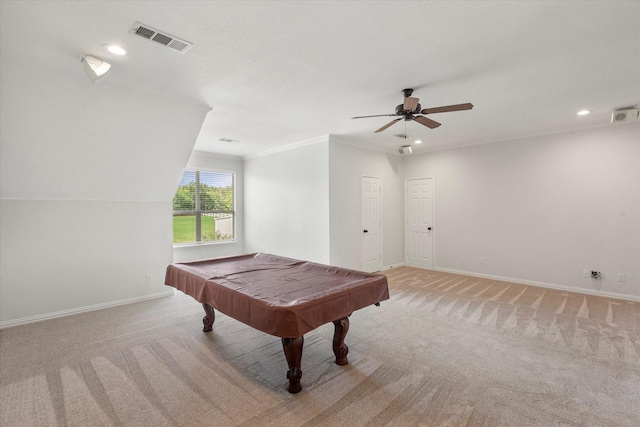6417 Gehrig Cir, Burleson, TX 76028 - recreation room with a ceiling fan, light carpet, recessed lighting, and pool table