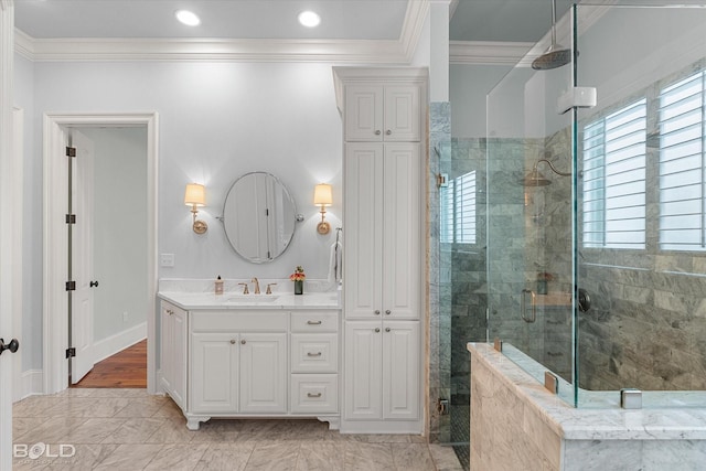 1030 Winterberry Ln, Shreveport, LA 71106 - bathroom with crown molding, a shower stall, vanity, and marble finish flooring