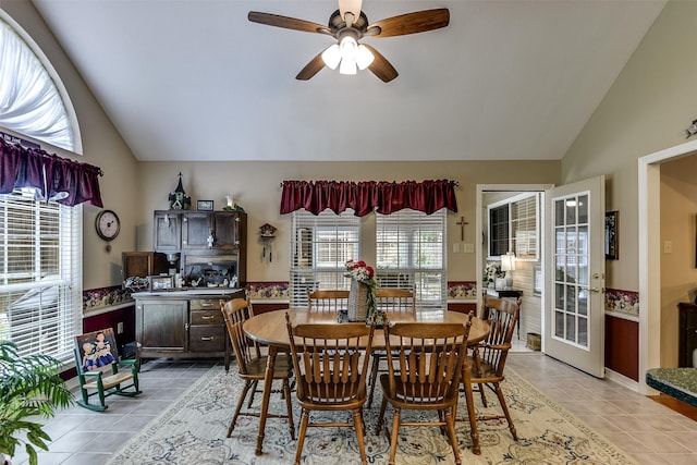 120 Driftwood Ln, Waxahachie, TX 75165 - dining space featuring lofted ceiling, light tile patterned floors, and ceiling fan