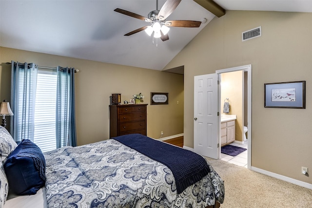 120 Driftwood Ln, Waxahachie, TX 75165 - bedroom with beamed ceiling, high vaulted ceiling, light carpet, ensuite bathroom, and ceiling fan
