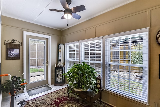 120 Driftwood Ln, Waxahachie, TX 75165 - doorway featuring light tile patterned floors, a ceiling fan, and ornamental molding