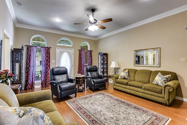 120 Driftwood Ln, Waxahachie, TX 75165 - living room featuring ornamental molding, a ceiling fan, and light wood-style floors