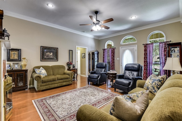 120 Driftwood Ln, Waxahachie, TX 75165 - living room featuring ceiling fan, wood finished floors, crown molding, and recessed lighting