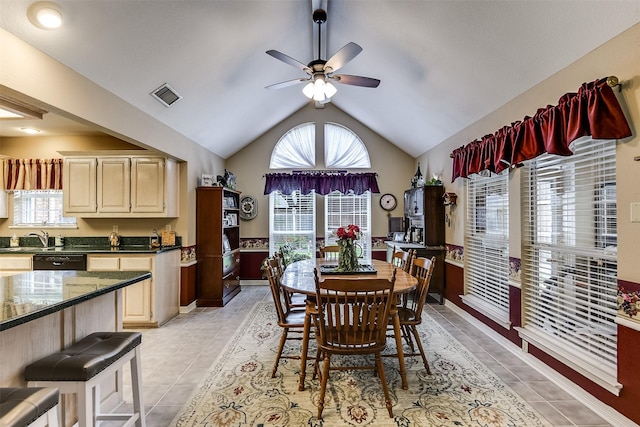 120 Driftwood Ln, Waxahachie, TX 75165 - dining room featuring a ceiling fan, plenty of natural light, light tile patterned flooring, and lofted ceiling