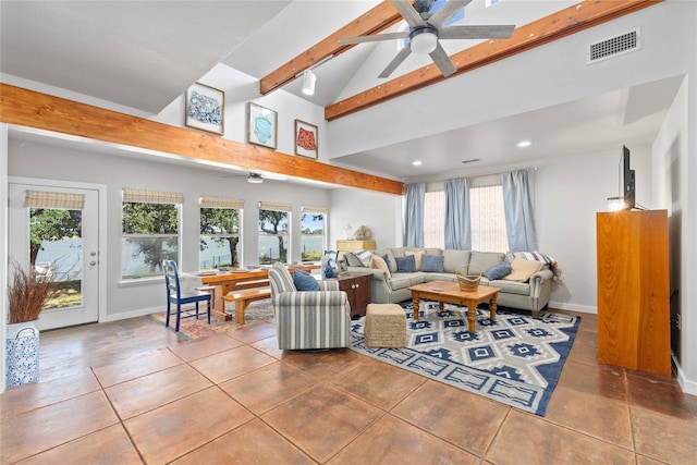 3125 County Road 264, Breckenridge, TX 76424 - tiled living room with a ceiling fan, beam ceiling, recessed lighting, and high vaulted ceiling