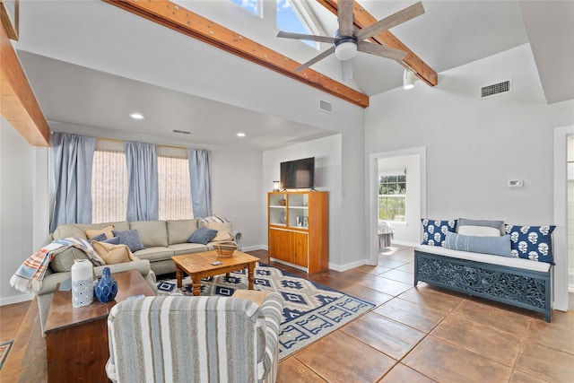 3125 County Road 264, Breckenridge, TX 76424 - tiled living room with beam ceiling, ceiling fan, a towering ceiling, and recessed lighting