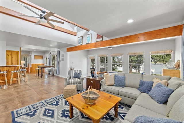 3125 County Road 264, Breckenridge, TX 76424 - living area with a ceiling fan, recessed lighting, tile patterned floors, and vaulted ceiling
