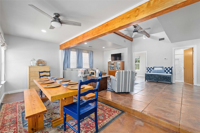 3125 County Road 264, Breckenridge, TX 76424 - dining space featuring a ceiling fan, beam ceiling, recessed lighting, and tile patterned flooring