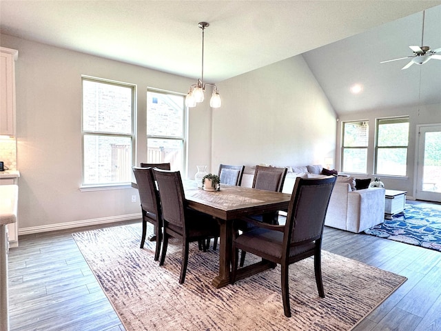7204 Silent Mill Rd, Arlington, TX 76001 - dining room featuring wood finished floors, ceiling fan, and vaulted ceiling