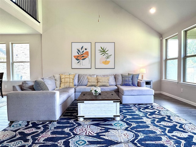 7204 Silent Mill Rd, Arlington, TX 76001 - living area featuring high vaulted ceiling, wood finished floors, and recessed lighting