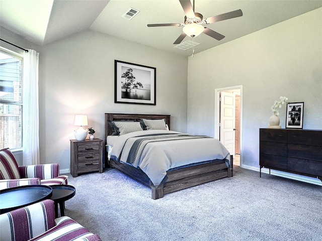 7204 Silent Mill Rd, Arlington, TX 76001 - bedroom featuring carpet, multiple windows, vaulted ceiling, and ceiling fan