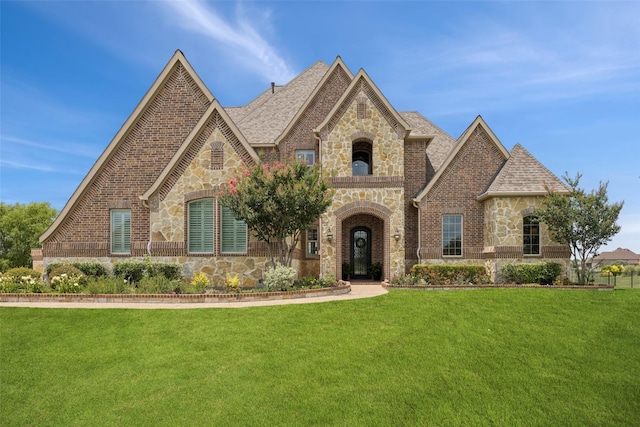 1300 Aberdeen Dr, Lucas, TX 75002 - french country home with stone siding, a front yard, brick siding, and a shingled roof