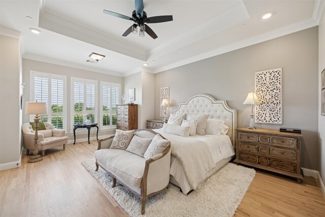 1300 Aberdeen Dr, Lucas, TX 75002 - bedroom featuring a raised ceiling, wood finished floors, ornamental molding, recessed lighting, and ceiling fan