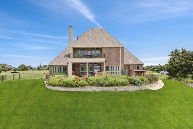1300 Aberdeen Dr, Lucas, TX 75002 - rear view of house featuring a balcony, brick siding, a chimney, and roof with shingles