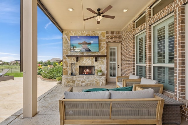 1300 Aberdeen Dr, Lucas, TX 75002 - view of patio / terrace featuring an outdoor living space with a fireplace and a ceiling fan