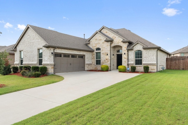 529 Natchez Ln, Glenn Heights, TX 75154 - french country style house featuring roof with shingles, driveway, a garage, stone siding, and brick siding
