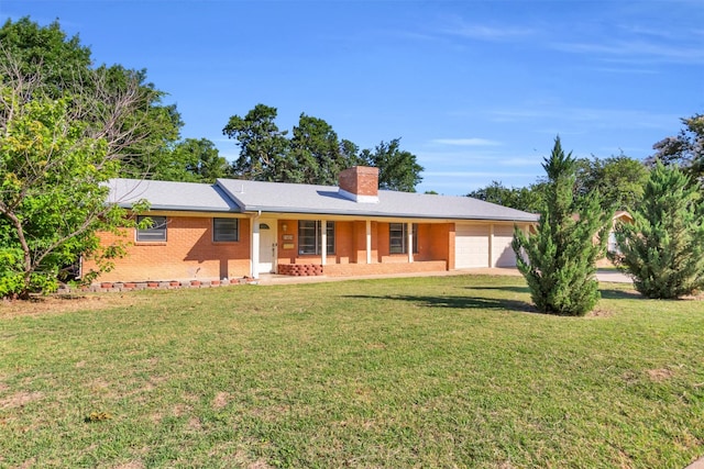 5624 Waltham Ave, Fort Worth, TX 76133 - ranch-style home with a garage, a chimney, a front yard, brick siding, and a porch