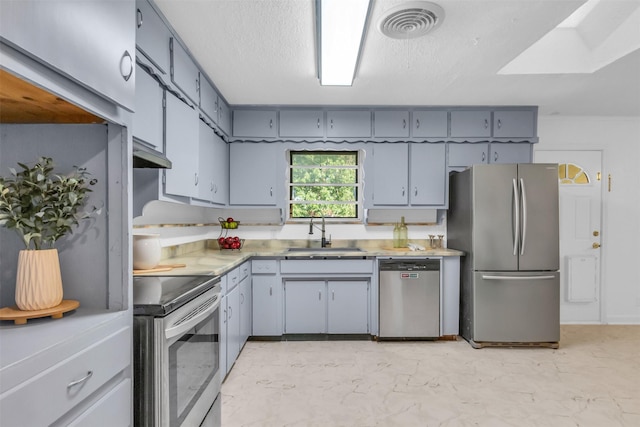 5624 Waltham Ave, Fort Worth, TX 76133 - kitchen with appliances with stainless steel finishes, light countertops, gray cabinetry, under cabinet range hood, and a skylight