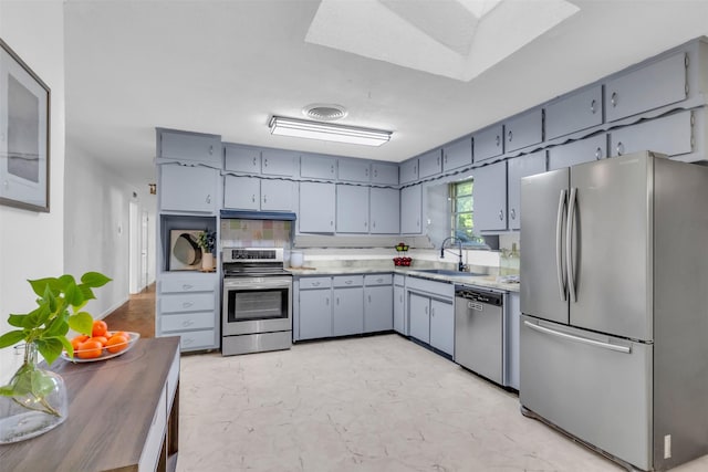 5624 Waltham Ave, Fort Worth, TX 76133 - kitchen with appliances with stainless steel finishes, under cabinet range hood, light countertops, gray cabinets, and a skylight