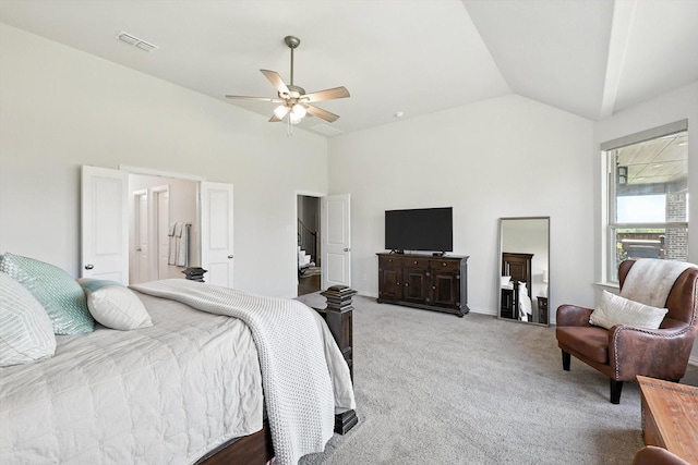 11720 Bull Creek Dr, Northlake, TX 76226 - bedroom featuring light carpet, high vaulted ceiling, and a ceiling fan