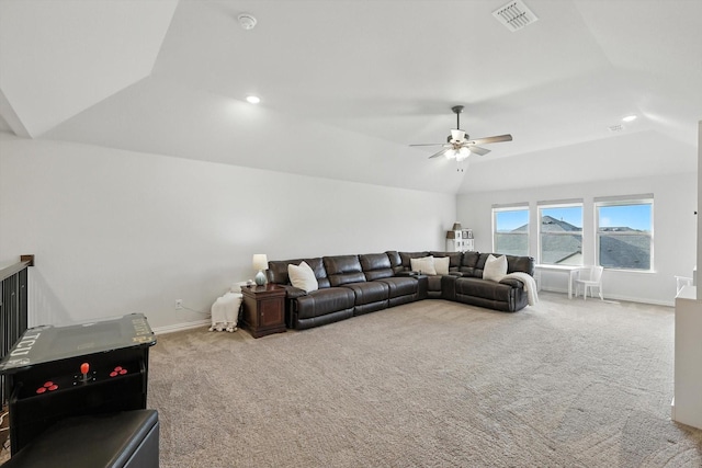 11720 Bull Creek Dr, Northlake, TX 76226 - carpeted living area featuring vaulted ceiling, a ceiling fan, and recessed lighting